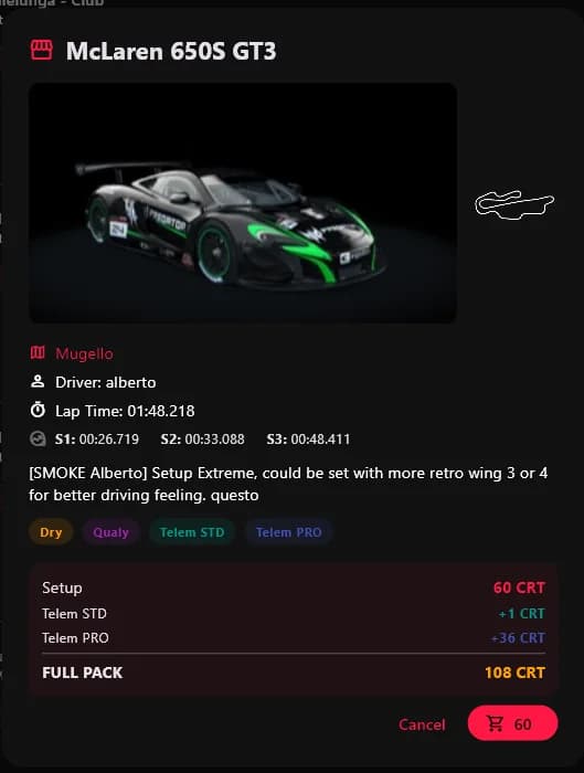 RaceBay — dettaglio setup verificato con tempi sul giro