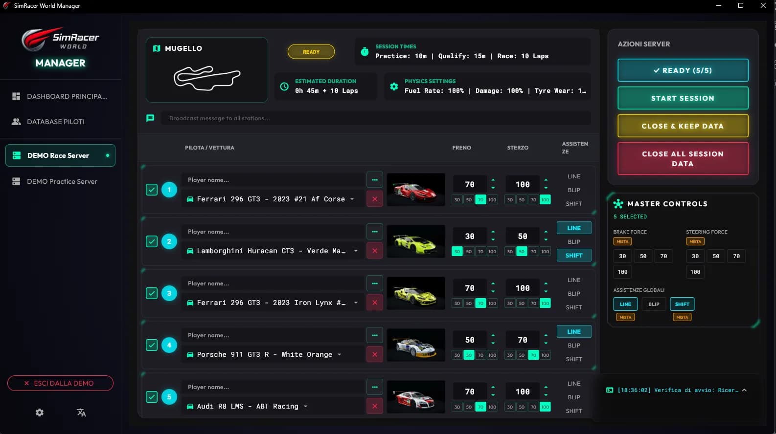 SimRacer World Manager: l'elenco delle postazioni del centro, con assist e stato per ogni rig